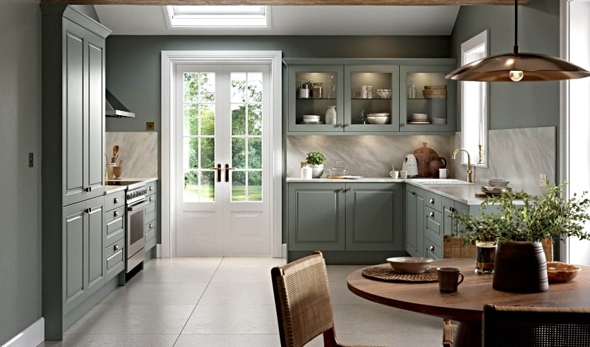 A beautiful kitchen with a wooden table.